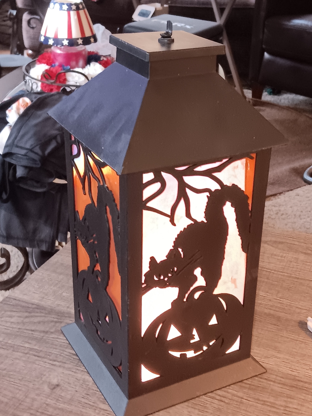 Black Metal Halloween Lantern with Orange Panels and Cat Pumpkin Cutouts